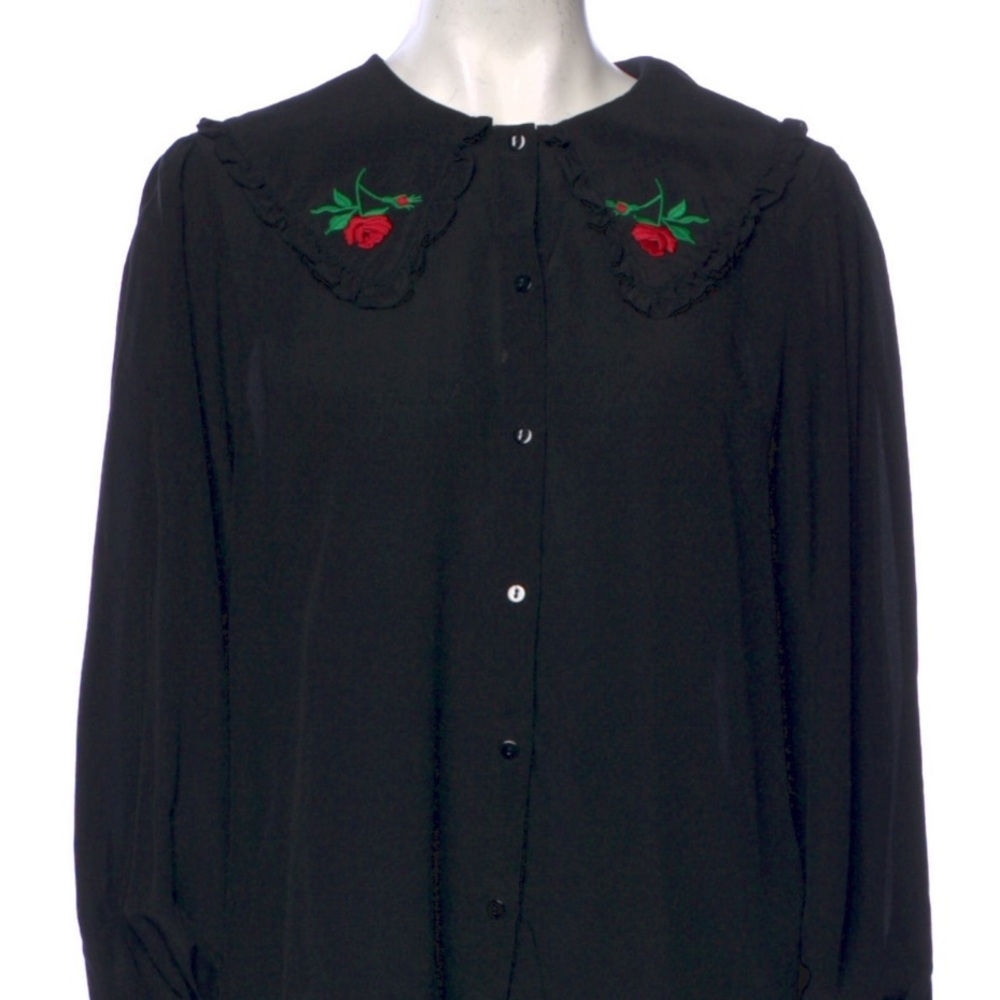 RIXO Misha Black Peter Pan Collar Silk Blouse - Size M